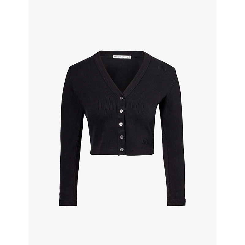 Shop Alexander Wang Women's Black Brand-embossed Cropped Stretch-cotton Cardigan