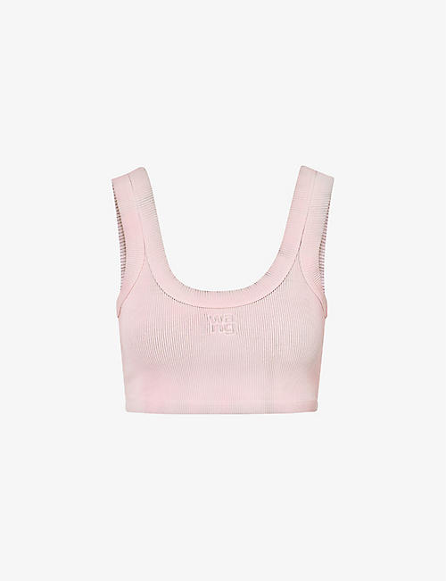 ALEXANDER WANG: Brand-embossed cropped stretch-cotton top