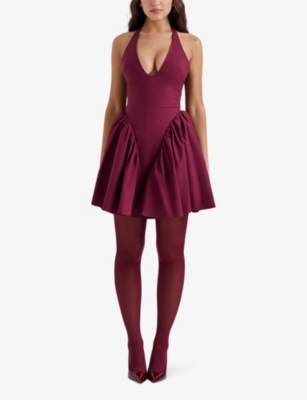 Shop House Of Cb Of Cb Womens Wine Valentia Plunge-neck Stretch-cotton Mini Dress