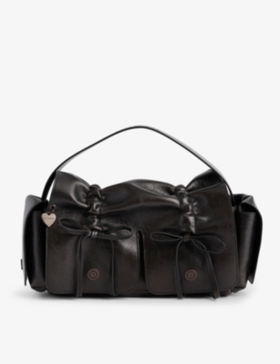 Shop Acne Studios Women's Dark Brown Bow-embellished Multi-pocket Leather Shoulder Bag