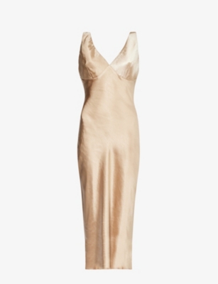 Shop Pretty Lavish Women's Gold Piper V-neck Stretch-satin Midi Dress