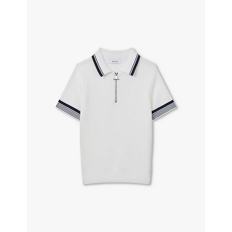 Reiss Boys Optic White Kids Chelsea Contrast-trim Stretch-knit Polo Shirt 3-9 Years