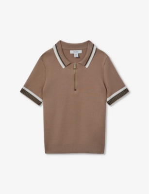 Reiss Boys Warm Taupe Kids Chelsea Contrast-trim Stretch-knit Polo Shirt 3-9 Years