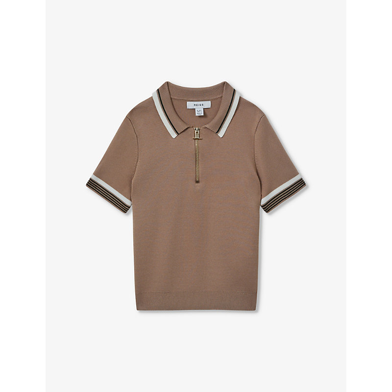 Reiss Boys Warm Taupe Kids Chelsea Contrast-trim Stretch-knit Polo Shirt 3-9 Years