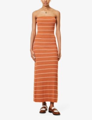Shop Pretty Lavish Women's Terracotta & Cream Louisa Stripe-pattern Knitted Maxi Skirt