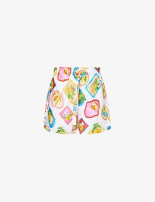 SEAFOLLY: Stamp-print paper-bag mid-rise linen shorts