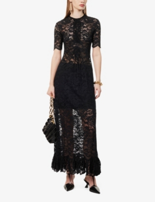 Shop Rabanne Women's Black Floral-embroidered Stretch-lace Maxi Dress