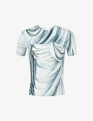 Rabanne Womens Drappe Bleu Abstract-pattern Brand-charm Stretch-woven T-shirt