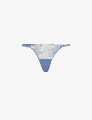 Bluebella Lilly Floral-embroidered Lace Thong In Hydrang Blue/i Water Blu