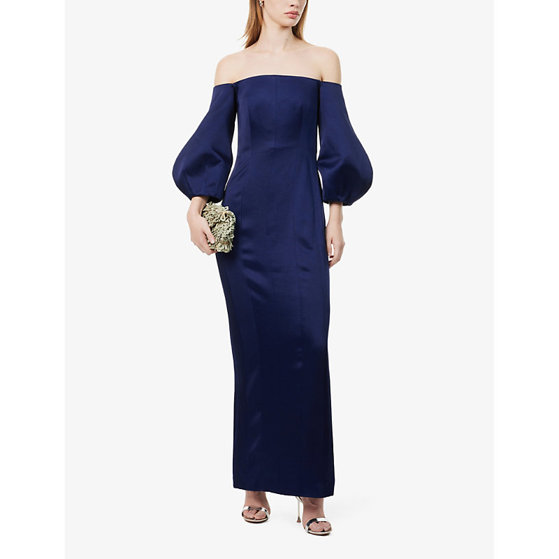 Shop Galvan London Women's Blue Moon Ponza Off-the-shoulder Puff-sleeve Woven Midi Dress