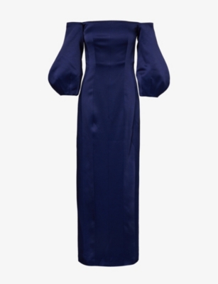 Galvan London Womens Blue Moon Ponza Off-the-shoulder Puff-sleeve Woven Midi Dress
