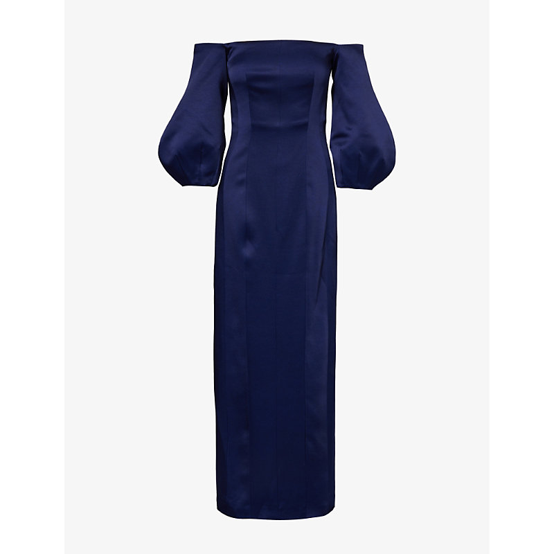 Galvan London Womens Blue Moon Ponza Off-the-shoulder Puff-sleeve Woven Midi Dress