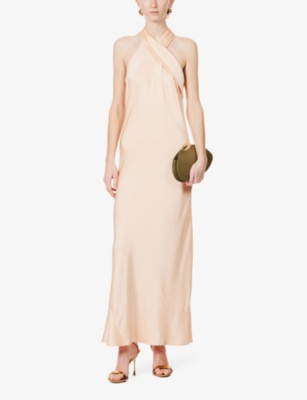 Shop Galvan London Women's Peach Pandora Crossover Halterneck Satin Maxi Dress