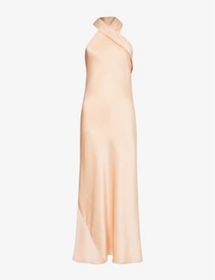 Shop Galvan London Women's Peach Pandora Crossover Halterneck Satin Maxi Dress