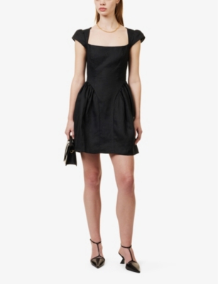 Shop Reformation Oaklyn Square-neck Linen Mini Dress In Black