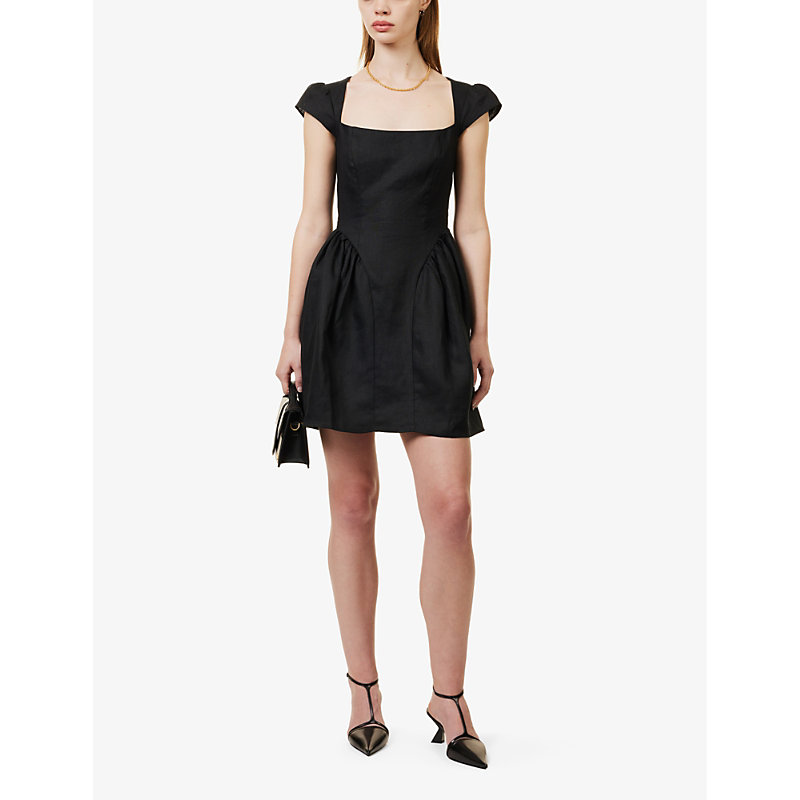 Shop Reformation Oaklyn Square-neck Linen Mini Dress In Black