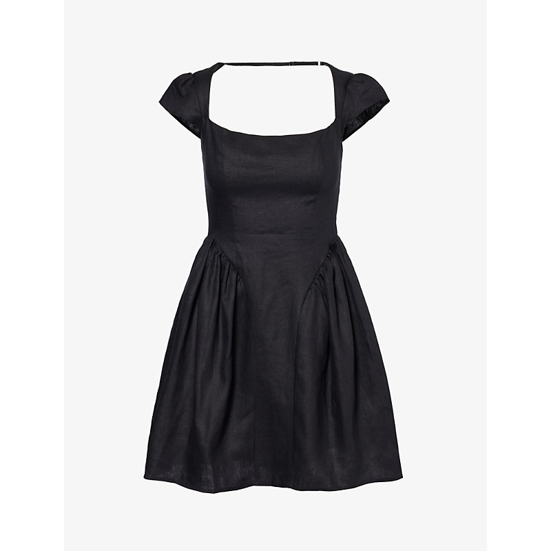 Shop Reformation Women's Black Oaklyn Square-neck Linen Mini Dress