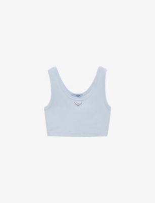 Prada Womens Light Blue Logo-plaque Cropped Slim-fit Cotton Tank Top