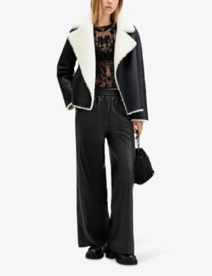 ALLSAINTS WOMENS BLACK ASPEN WIDE-LEG HIGH-RISE LEATHER TROUSERS XS 