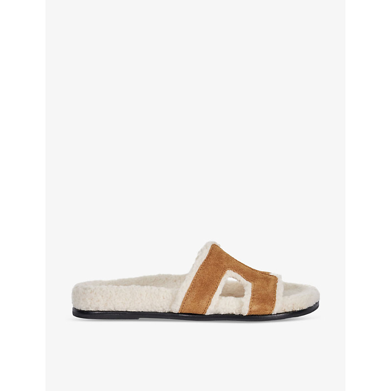 Shop Dune Loupa Shearling-lined Flat Suede Slides In Tan-suede