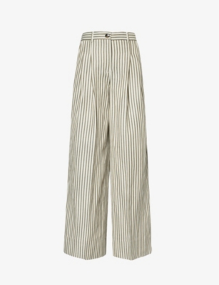 Shop Me And Em Women's Khaki/cream Stripe Wide-leg Mid-rise Twill Trousers