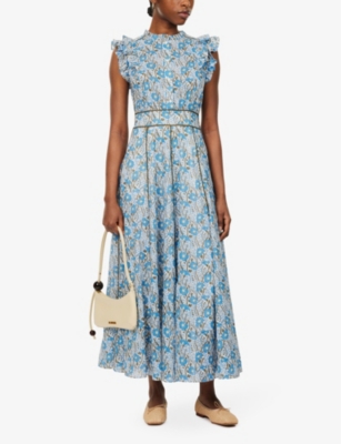 Shop Me And Em Women's Blue/khaki/yellow Floral-print Ruffle-trim Cotton Midi Dress