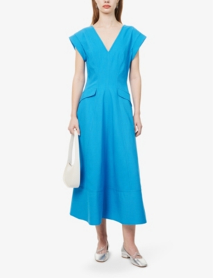 Shop Me And Em Women's Super Blue V-neck Cut-out Stretch Woven-blend Midi Dress
