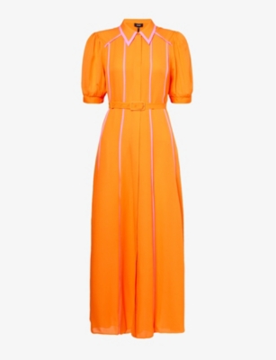 Shop Me And Em Women's Orange Zing/ultra Pi Contrast-panel Puff-sleeve Silk Maxi Dress