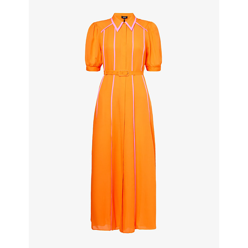 Me And Em Contrast-panel Puff-sleeve Silk Maxi Dress In Orange Zing/ultra Pi