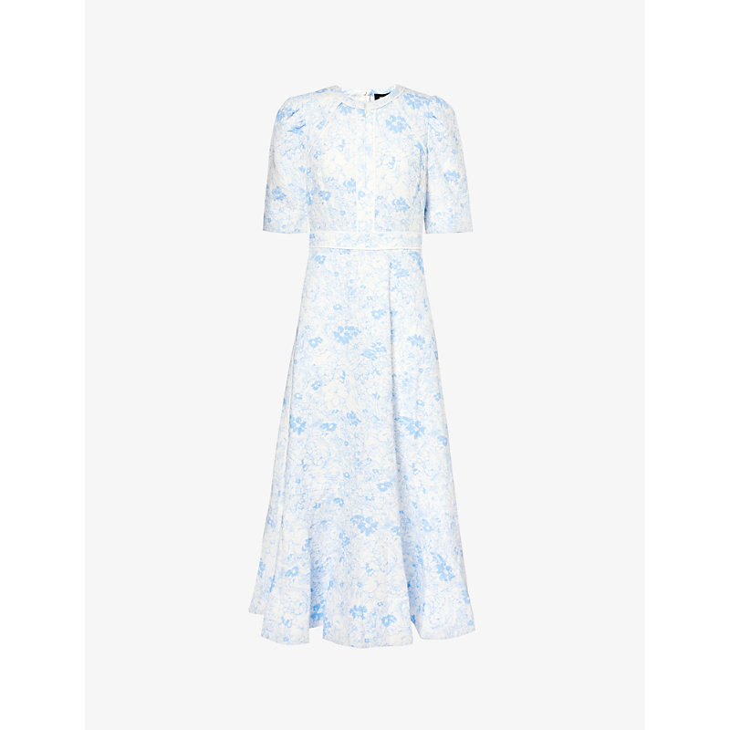 Me And Em Gardenia-print Jacquard Cotton Maxi Dress In Light Cream/blue