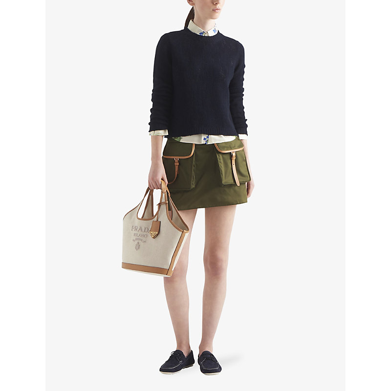 Shop Prada Re-nylon Patch-pocket Mid-rise Recycled-nylon And Leather Mini Skirt In Green