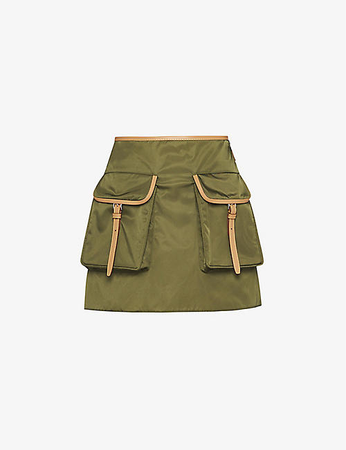 PRADA: Re-Nylon patch-pocket mid-rise recycled-nylon and leather mini skirt