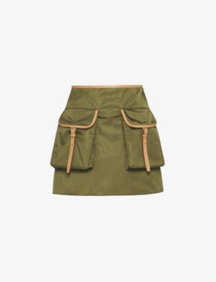 Shop Prada Re-nylon Patch-pocket Mid-rise Recycled-nylon And Leather Mini Skirt In Green