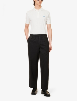 Shop Fred Perry Men's Black Twill-texture Brand-embroidered Relaxed-fit Straight-leg Cotton Trousers