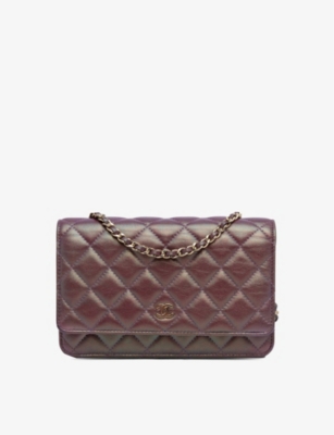 Shop Reselfridges Women's Purple Pre-loved Chanel Logo-plaque Quilted Leather Wallet-on-chain