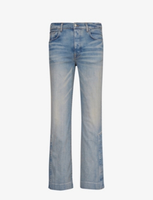 Shop Amiri Men's Clay Indigo Stack Kick Faded-wash Flared-leg Stretch-denim Jeans