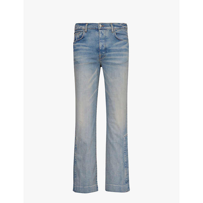 Shop Amiri Stack Kick Faded-wash Flared-leg Stretch-denim Jeans In Clay Indigo