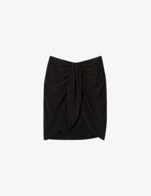 Shop The Kooples Women's Black Draped-front Washed Silk Mini Skirt
