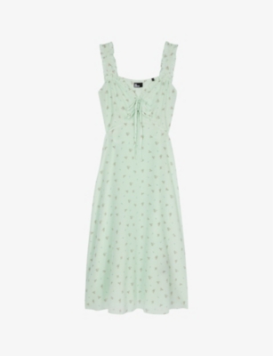 Shop The Kooples Women's Green Floral-print Tie-front Silk Midi Dress