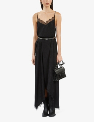 Shop The Kooples Lace-trim Relaxed-fit Woven Midi Dress In Black