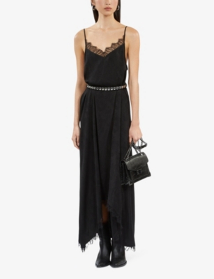 THE KOOPLES WOMENS BLACK LACE-TRIM RELAXED-FIT WOVEN MIDI DRESS XS 