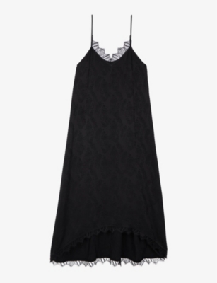 Shop The Kooples Lace-trim Relaxed-fit Woven Midi Dress In Black