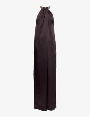 Shop Stella Mccartney Chain-halterneck Wide-leg Woven-blend Jumpsuit In Chocolate
