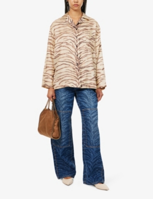 Shop Stella Mccartney Womens Natural Animal-print Long-sleeved Silk Shirt