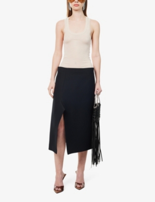 Shop Stella Mccartney Women's Black Split-hem High-rise Wool And Silk-blend Midi Skirt