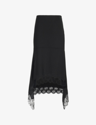 Stella Mccartney Womens Black Lace-trim High-rise Silk-crepe Midi Skirt
