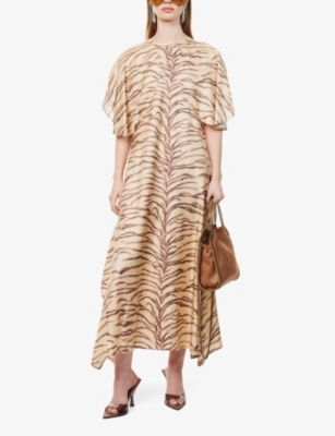 Shop Stella Mccartney Women's Tural Animal-print Relaxed-fit Silk Midi Dress In Natural