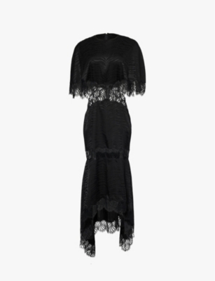 Stella Mccartney Womens Black Asymmetric-hem Lace-trim Silk-blend Satin Maxi Dress