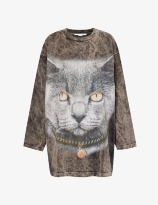 Shop Stella Mccartney Women's Washed Grey Cat-print Relaxed-fit Cotton-jersey Sweatshirt