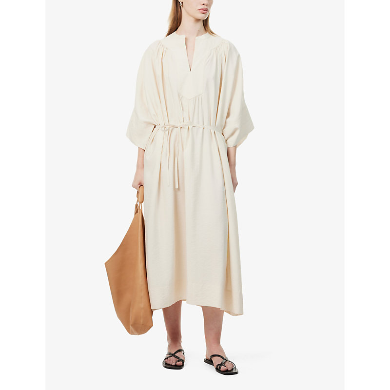 Shop Yves Salomon Women's Creme Pleated Relaxed-fit Silk-blend Midi Dress